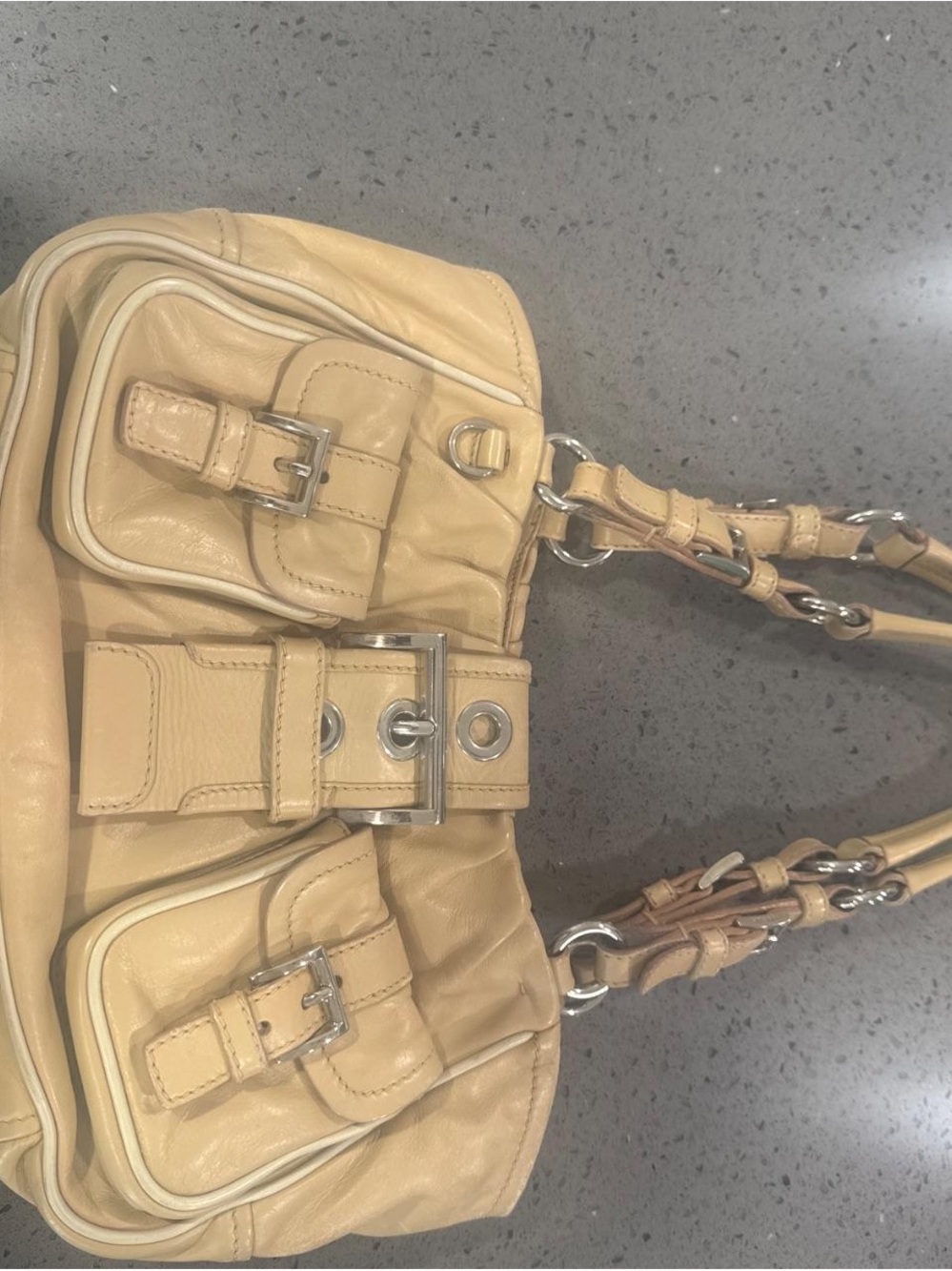 Y2K Prada Women’s Beige Leather Shoulder Bag with Buckle Detail